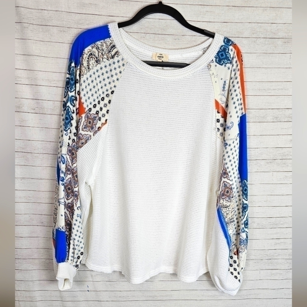 Entro Off White Mixed Print Long Sleeve Blouse, sz Large
